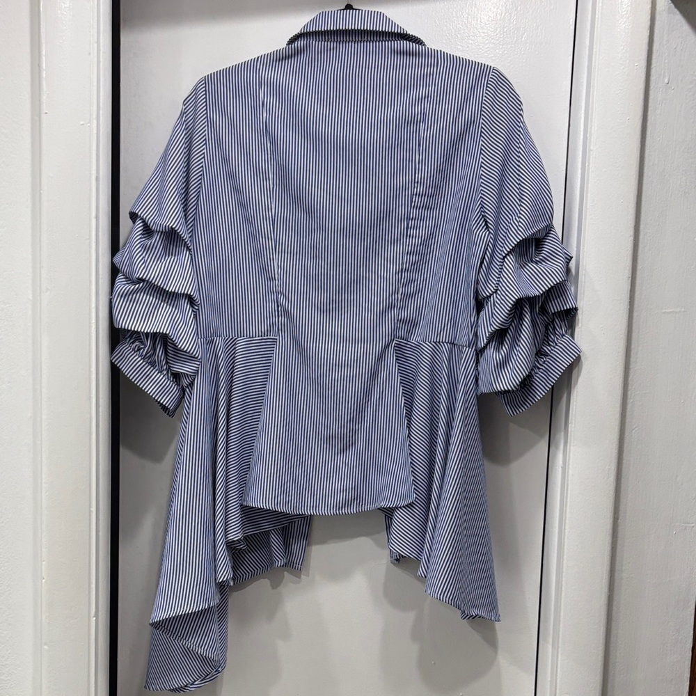 Blue Striped Ruffle Sleeve Blouse - Picture 4 of 4